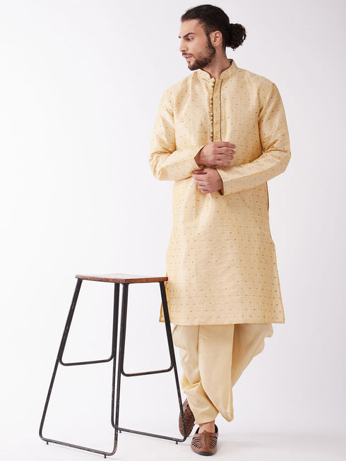 Vastramay Men's Gold Zari Weaved Kurta Dhoti Set